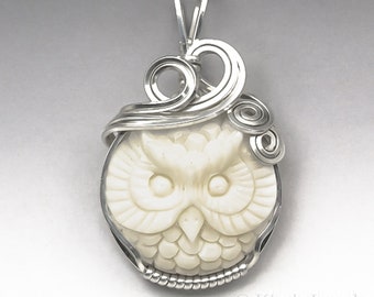 Owl Carved Bone (Bovine) Cameo Sterling Silver Wire Wrapped Pendant - Made to Order, Ships Fast!