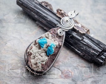 Cavansite Blue Crystal Druzy in Matrix Gemstone Oxidized Sterling Silver Wire Wrapped Pendant - Ready to Ship!