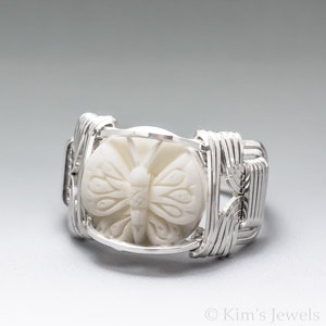 Carved Bone bovine Butterfly Cameo Sterling Silver Wire Wrapped Ring Optional Oxidation/Antiquing Made to Order and Ships Fast image 1