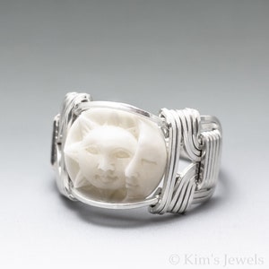 Carved Bone (bovine) Sun & Crescent Moon Face Cameo Sterling Silver Wire Ring - Optional Oxidation/Antiquing - Made to Order and Ships Fast!