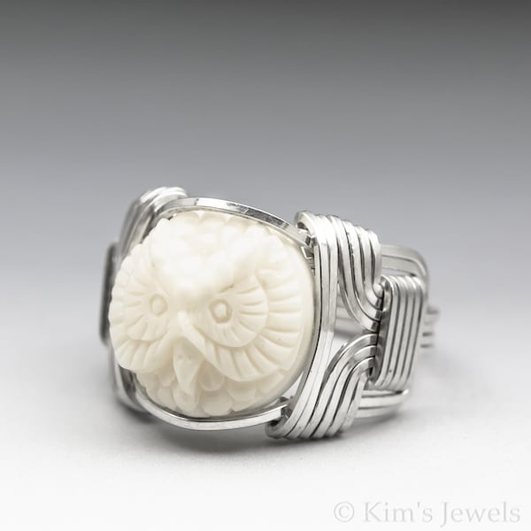 Carved Bone (bovine) Owl Cameo Sterling Silver Wire Ring - Optional Oxidation/Antiquing - Made to Order and Ships Fast!