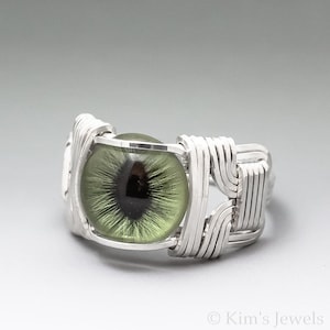 Green Glass Cat Eye Eyeball Sterling Silver Wire Wrapped Ring - Optional Oxidation/Antiquing - Made to Order and Ships Fast!