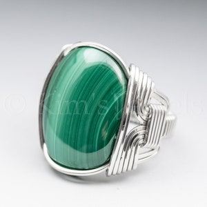 Malachite Gemstone 18x25mm Cabochon Sterling Silver Wire Wrapped Ring -Optional Oxidation/Antiquing - Made to Order and Ships Fast!