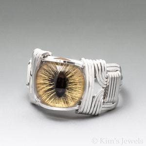 Yellow Glass Cat Eye Eyeball Sterling Silver Wire Wrapped Ring - Optional Oxidation/Antiquing - Made to Order and Ships Fast!