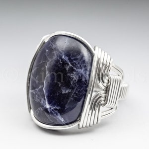 Sodalite Gemstone 18x25mm Cabochon Sterling Silver Wire Wrapped Ring - Optional Oxidation/Antiquing -Made to Order and Ships Fast!