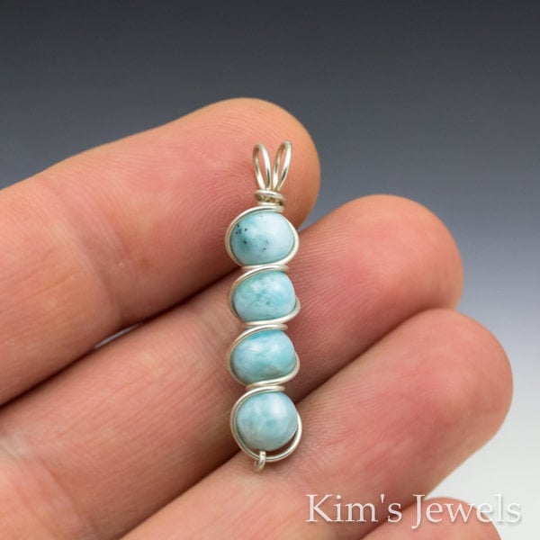 Larimar Blue Pectolite Gemstone Beaded Sterling Silver Wire Wrapped Pendant - Made to Order, Ships Fast!