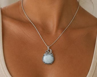 Aquamarine Beryl Gemstone Oxidized Sterling Silver Wire Wrapped Pendant - Made to Order