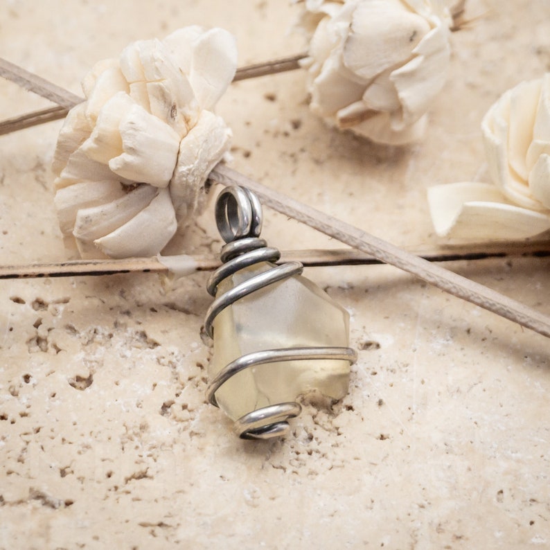 Libyan Desert Glass Crystal Gemstone Oxidized Sterling Silver Wire Wrapped Pendant Charm Ready to Ship image 1