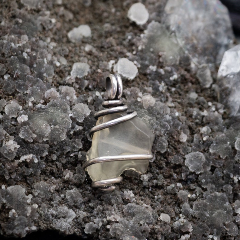 Libyan Desert Glass Crystal Gemstone Oxidized Sterling Silver Wire Wrapped Pendant Charm Ready to Ship image 3