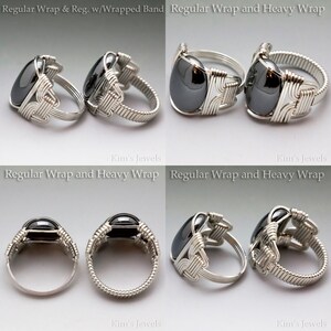 May include: Two silver rings with a black gemstone. The rings are wrapped with wire and have different widths. The rings are labeled "Regular Wrap & Reg. w/Wrapped Band" and "Regular Wrap and Heavy Wrap".