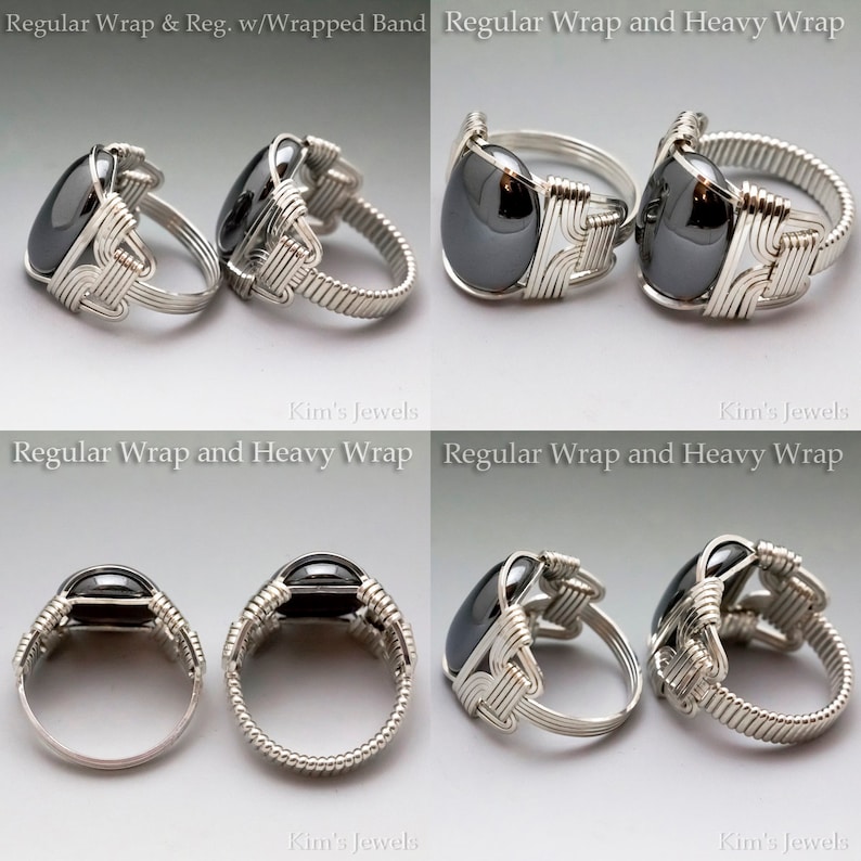 May include: Two silver rings with a black gemstone. The rings are wrapped with wire and have different widths. The rings are labeled "Regular Wrap & Reg. w/Wrapped Band" and "Regular Wrap and Heavy Wrap".