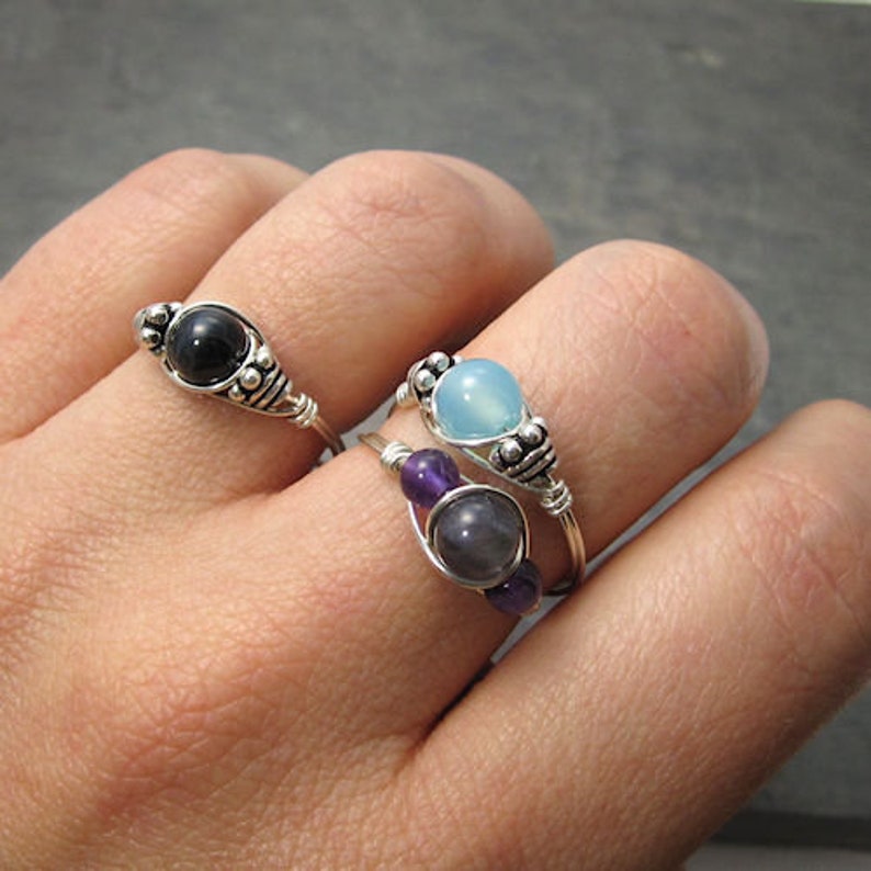 Ships Fast! Made to Order Black Schorl Tourmaline /& White Moonstone Sterling Silver Wire Wrapped Gemstone BEAD Ring