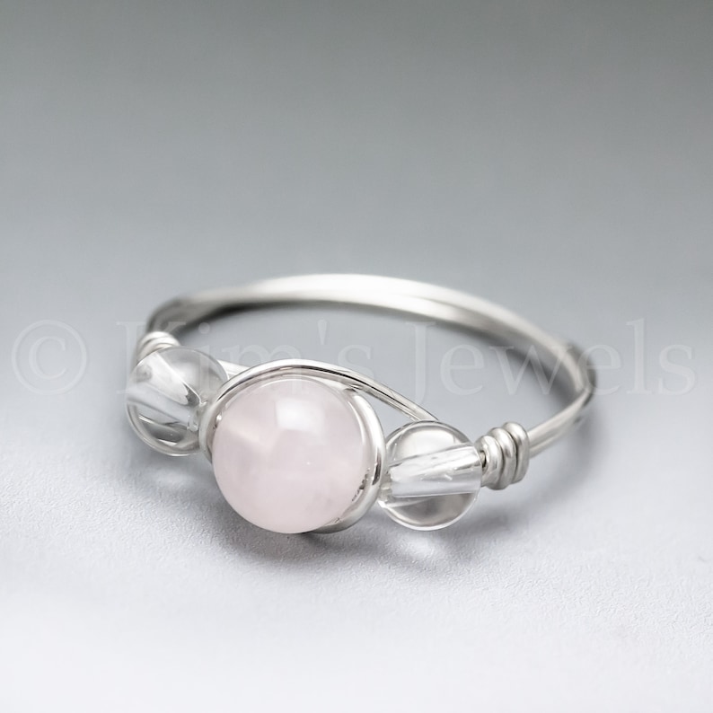 Made to Order Rose Quartz /& Clear Crystal Quartz Sterling Silver Wire Wrapped Gemstone BEAD Ring Ships Fast!