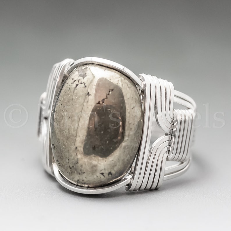 Pyrite Fools Gold Sterling Silver Wire Wrapped Gemstone Cabochon Ring Optional Oxidation/Antiquing Made to Order, Ships Fast image 1