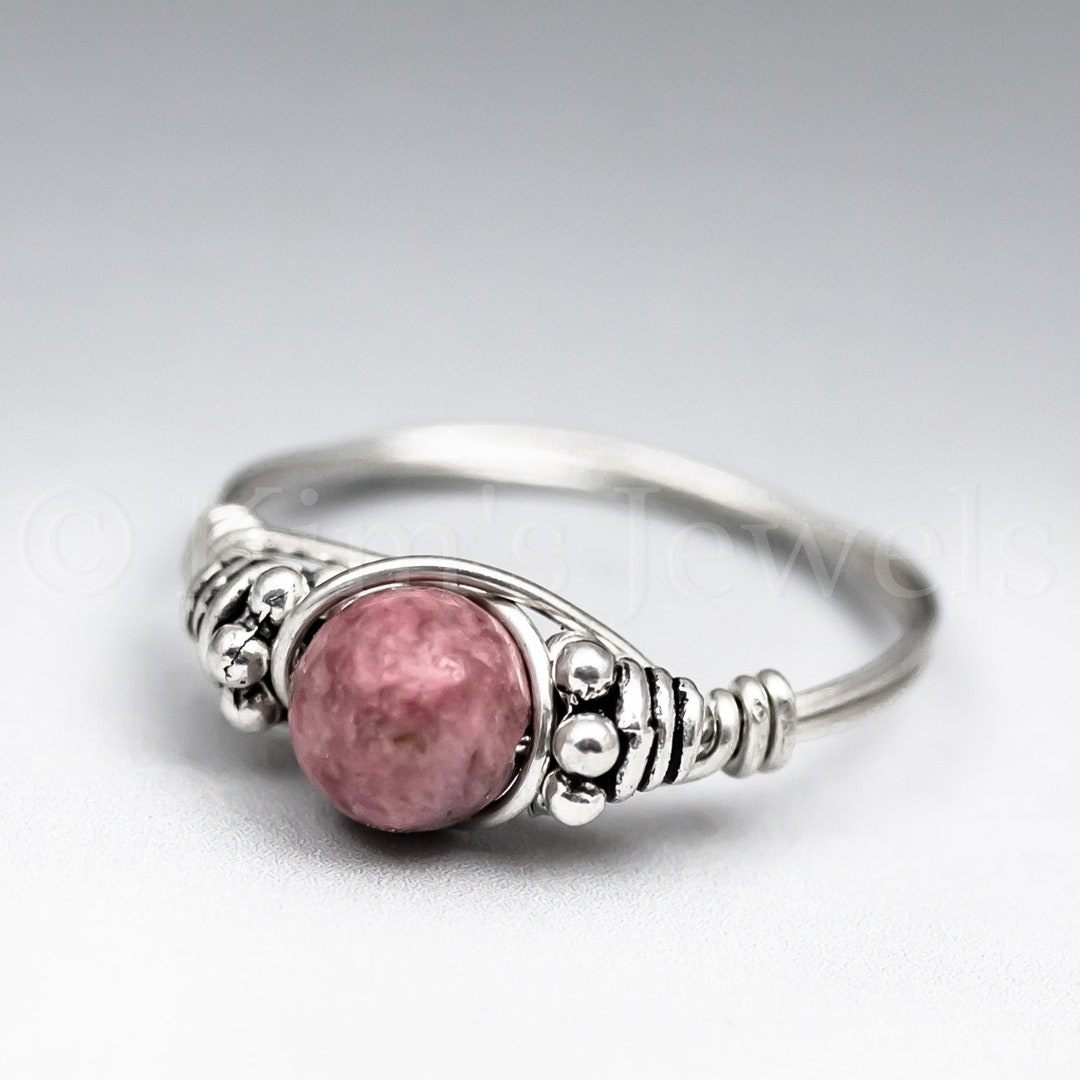 Genuine Pink Rhodonite Bali Sterling Silver Wire Wrapped Gemstone BEAD ...