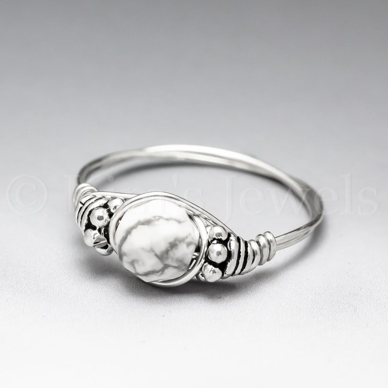White Howlite Faceted Bali Sterling Silver Wire Wrapped Gemstone BEAD Ring Made to Order, Ships Fast image 1