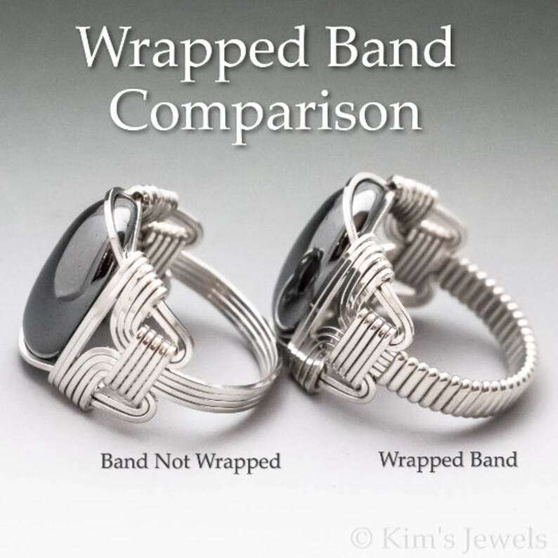 May include: Two silver rings with a black gemstone. The ring on the left has a plain band, while the ring on the right has a wrapped band. The text "Band Not Wrapped" is below the left ring, and the text "Wrapped Band" is below the right ring. The text "Kim's Jewels" is at the bottom of the image.