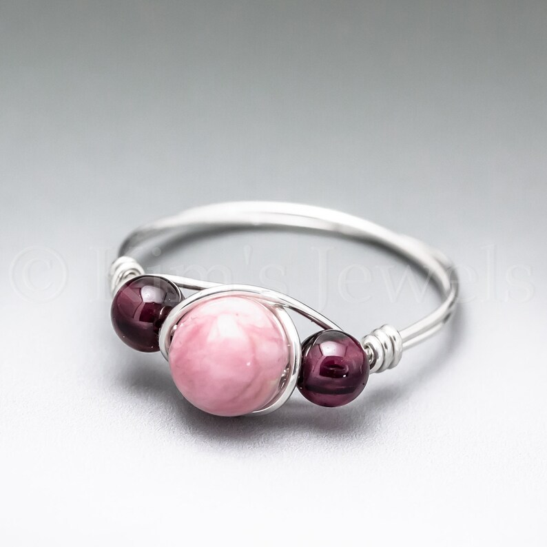 Rhodochrosite & Pyrope Garnet Sterling Silver Wire Wrapped Gemstone BEAD Ring Made to Order, Ships Fast image 1