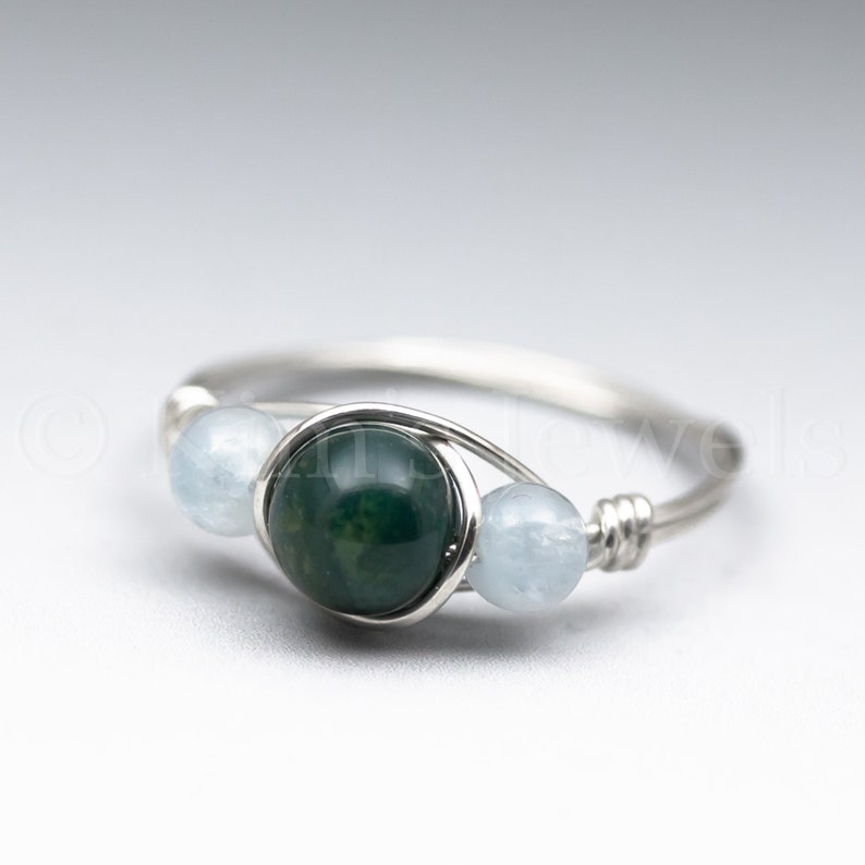 Bloodstone Heliotrope & Soft Blue Aquamarine Sterling Silver Wire Wrapped Gemstone BEAD Ring Made to Order, Ships Fast image 1
