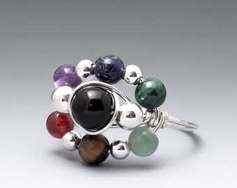 Chakra Version 1 (Original) Gemstone Sterling Silver Wire Wrapped Bead Ring - Made to Order, Ships Fast!
