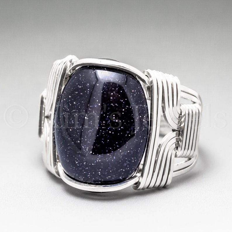 Blue Goldstone Sterling Silver Wire Wrapped Gemstone Cabochon Ring Optional Oxidation/Antiquing Made to Order, Ships Fast image 1