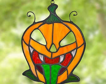 Spooky Pumpkin Face Stained Glass Suncatcher – Funny Halloween Jack O’Lantern Decor, Handmade Creepy Gift, Scary Window Ornament for Friends
