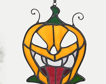Funny Jack O’Lantern Stained Glass – Halloween Pumpkin Face Suncatcher – Spooky Gift for Friends – Handmade Halloween Window Decor Ornament