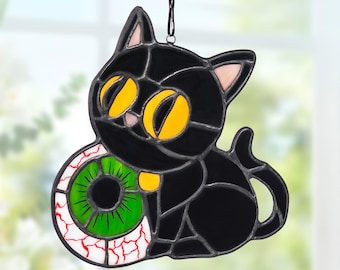 Black Cat Eyeball Stained Glass Suncatcher – Cute Spooky Halloween Window Decor, Funny Creepy Gift for Friends, Handmade Gothic Cat Ornament