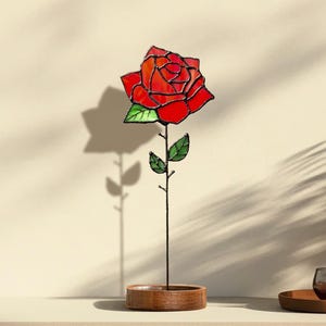 June Birth Flower Rose Stained Glass Plant Stake – Handmade Floral Gift of Love & Devotion – Romantic Red Rose Decor for Birthday or Mom