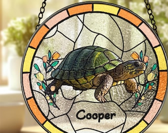 Custom Turtle Portrait Stained Glass Suncatcher, Personalized Reptile Pet Gift, Tortoise Memorial Window Decor for Turtle Lovers