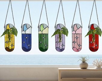 Moon Stained Glass Propagation Station, Hanging Bud Vase Suncatcher, Air Plant Holder, Window Plant Decor, Plant Lover Gift