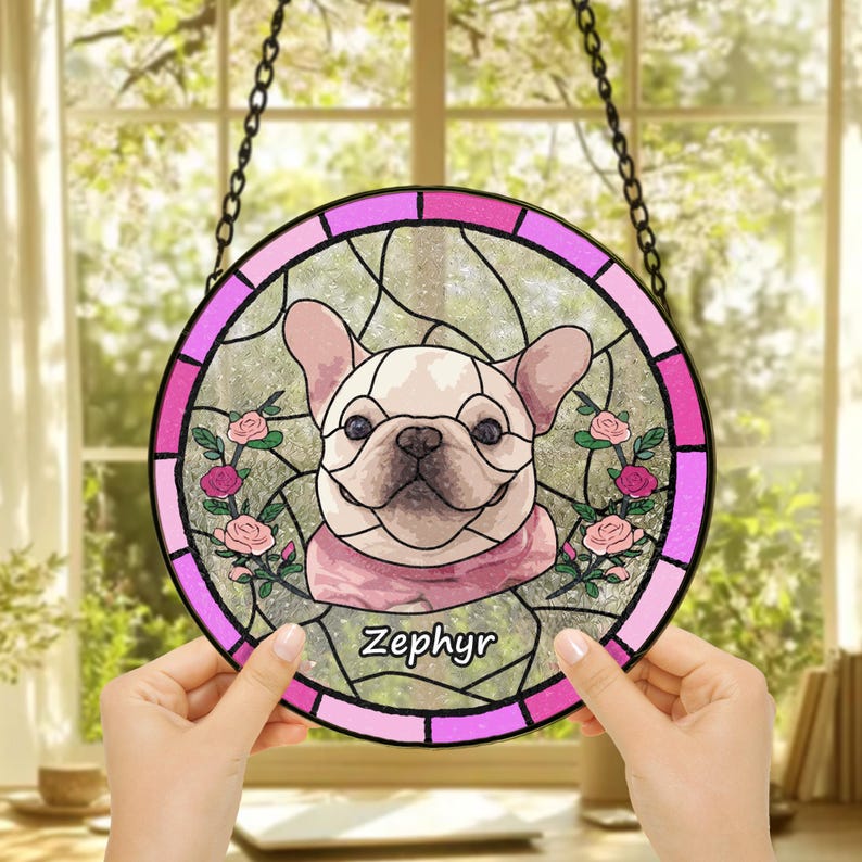 May include: A stained glass window hanging featuring a pink and white French Bulldog with the name "Zephyr" written below. The dog is surrounded by pink roses.