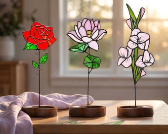 パーソナライズされたステンドグラスの誕生花 – 手作りの母の日ギフト、お母さんとおばあちゃんのためのカスタムフラワーサンキャッチャー、お母さんへのユニークなギフト