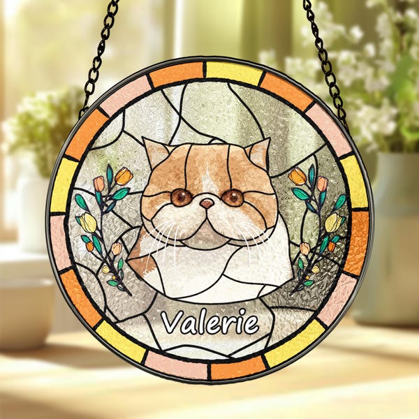 Custom Cat Portrait Stained Glass Suncatcher – Personalized Pet Memorial Gift, Cat Lover Keepsake, Handmade Sun Catcher for Cat Owners