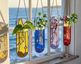 Moon Stained Glass Propagation Station, Hanging Plant Suncatcher, Bud Vase Wall Decor, Air Plant Holder, Plant Lover Gift