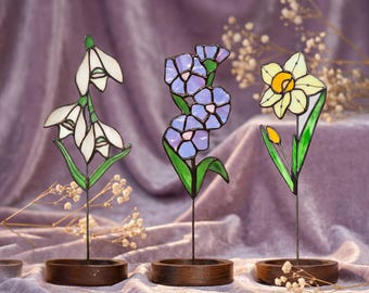 ステンドグラスの誕生月の花、母の日ギフト、彼女、お母さん、おばあちゃんへのギフト、カスタムガラスの花の植物支柱ホームデコレーション