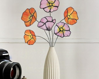 Set of 6 Stained Glass California Poppies, 17″ Faux Flower Stems, California State Flower, Handmade Floral Home Decor, Christmas Gift
