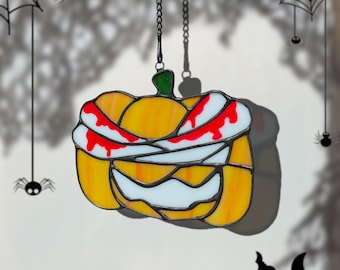 Bloody Pumpkin Stained Glass Suncatcher – Halloween Horror Window Hanging, Spooky Decor Gift Idea