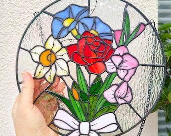 Handmade Stained Glass Birth Flower Panel, Tiffany Floral Suncatcher, Custom Family Bouquet Gift, Anniversary Christmas Home Window Decor