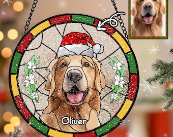 Custom Pet Portrait Christmas Stained Glass,Dog SunCatcher with Santa hat,Custom Dog Portrait from Photo,Sympathy Gifts,Dog memorial Gift
