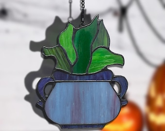 Halloween Poison Pot Stained Glass Suncatcher – Witchy Flame Cauldron Decor, Spooky Window Hanging Gift