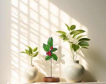 Vidriera de acebo, flor de nacimiento de diciembre, atrapasol artesanal con forma de flor de diciembre, decoración navideña de invierno, regalo navideño para ella, regalo de cumpleaños