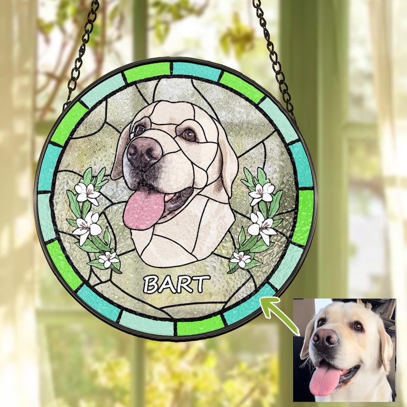 Custom Pet Portrait Stained Glass Suncatcher, Personalized Dog Memorial Gift, Unique Pet Lover Keepsake for Dog Owners, Loss of Pet Tribute #1