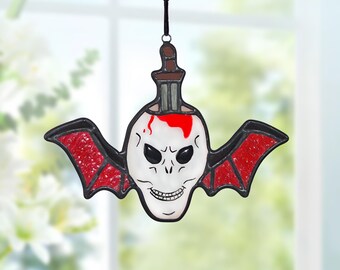 Skull Bat Stained Glass Suncatcher – Halloween Horror Window Decor – Vampire Gothic Ornament – Creepy Handmade Gift for Spooky Friends