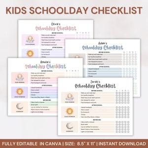 School Day Checklist For Kids, Printable Kids Chore Chart, Kids Responsibility Chart, Editable Before School, After School, Before Bed, PDF