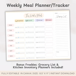 Digital Meal Planner ADHD Meal Planner Printable Templates for Grocery List Kitchen Inventory Weekly Food Diary Meal Tracker Template PDF