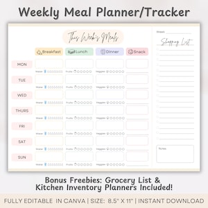 Digital Meal Planner ADHD Meal Planner Printable Templates for Grocery List Kitchen Inventory Weekly Food Diary Meal Tracker Template PDF
