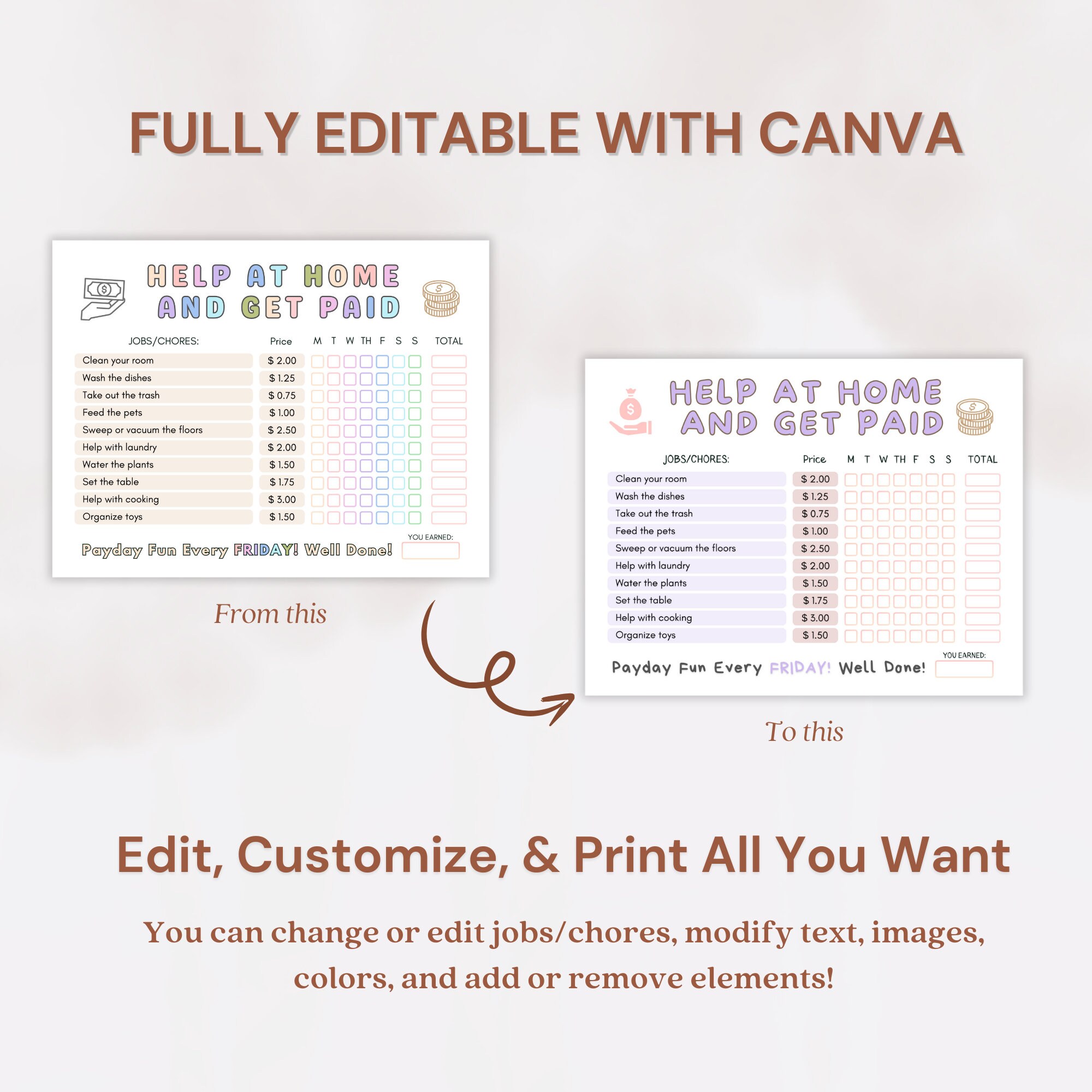 How to Earn Money Chore Chart, Editable Allowance Chore Chart for Kids, Printable Chore Chart ...