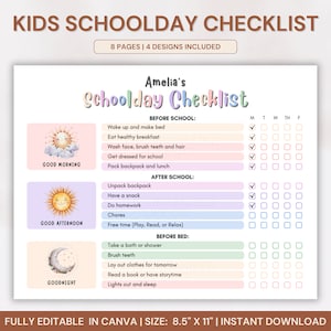 School Day Checklist For Kids, Printable Kids Chore Chart, Kids Responsibility Chart, Editable Before School, After School, Before Bed, PDF