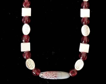 Red Glass and Silver Bead Necklace